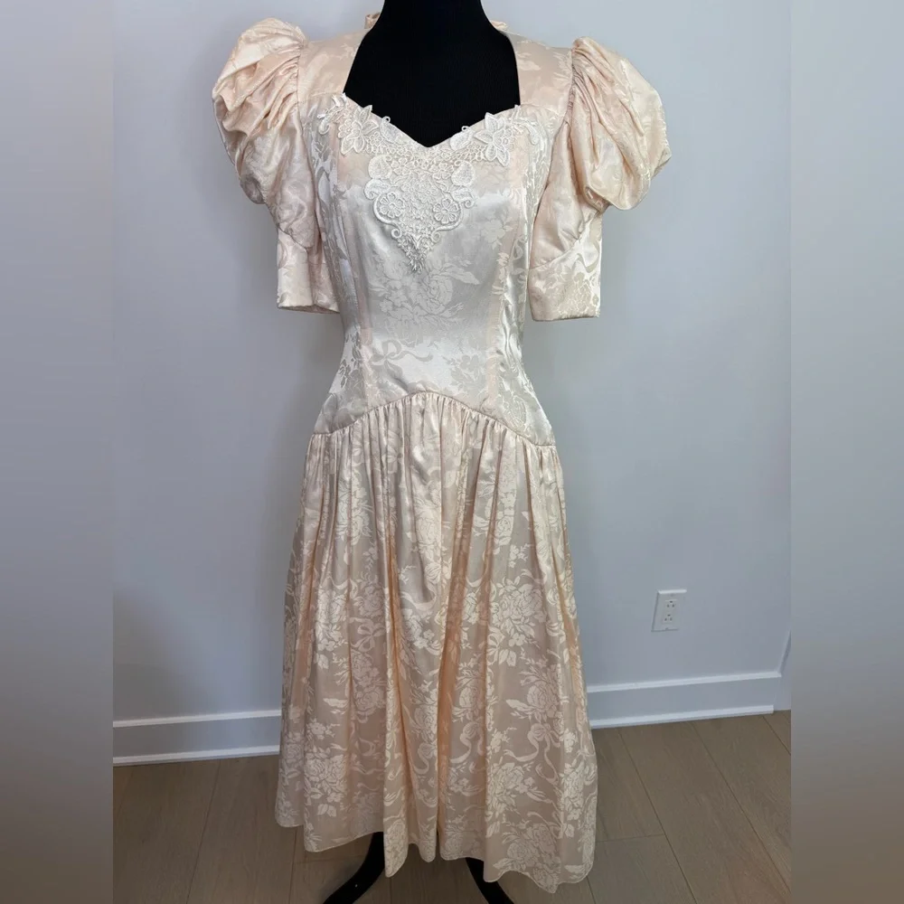Romantic champagne vintage dress puffy sleeves lace cottagecore tulle - Picture 2 of 16